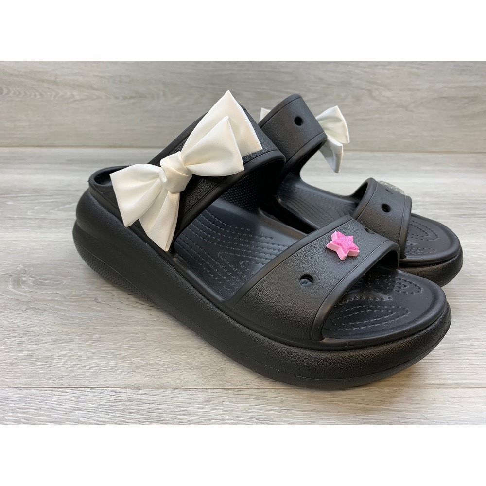Crocs Classic Crush Sandal Black Platform Slides White Bows Stars Women's 11